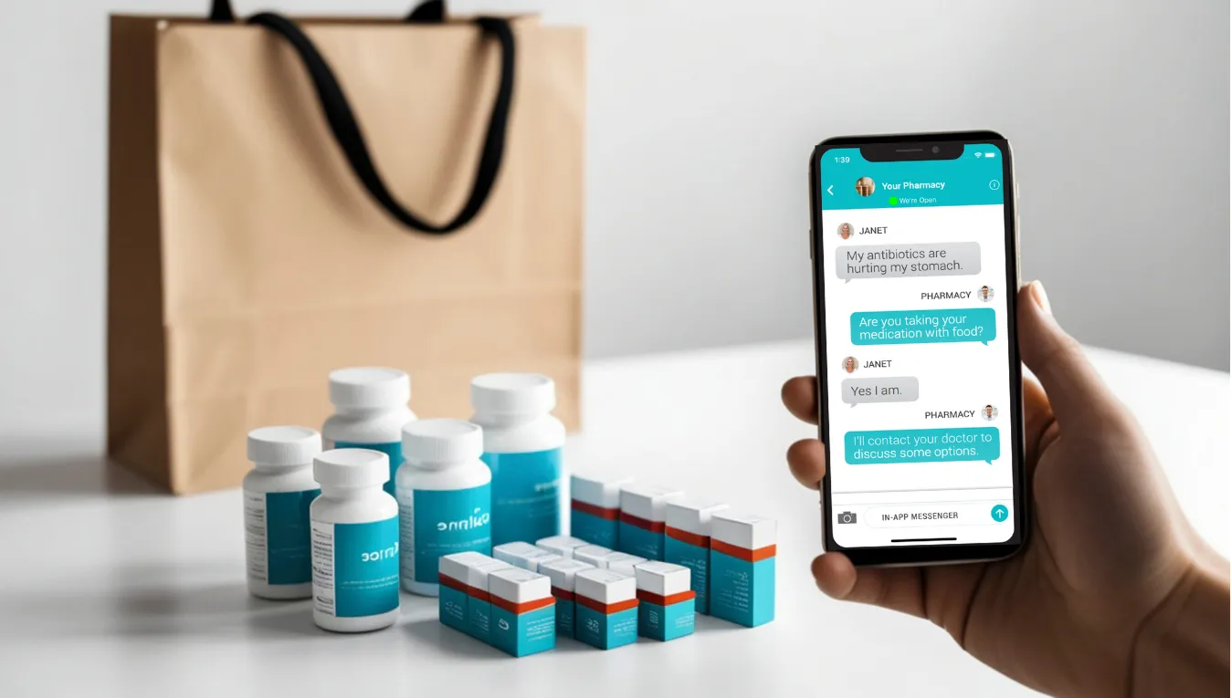 app-3 A hand holds a phone with a pharmacy chat; medicine bottles and boxes sit near a paper bag on a table.