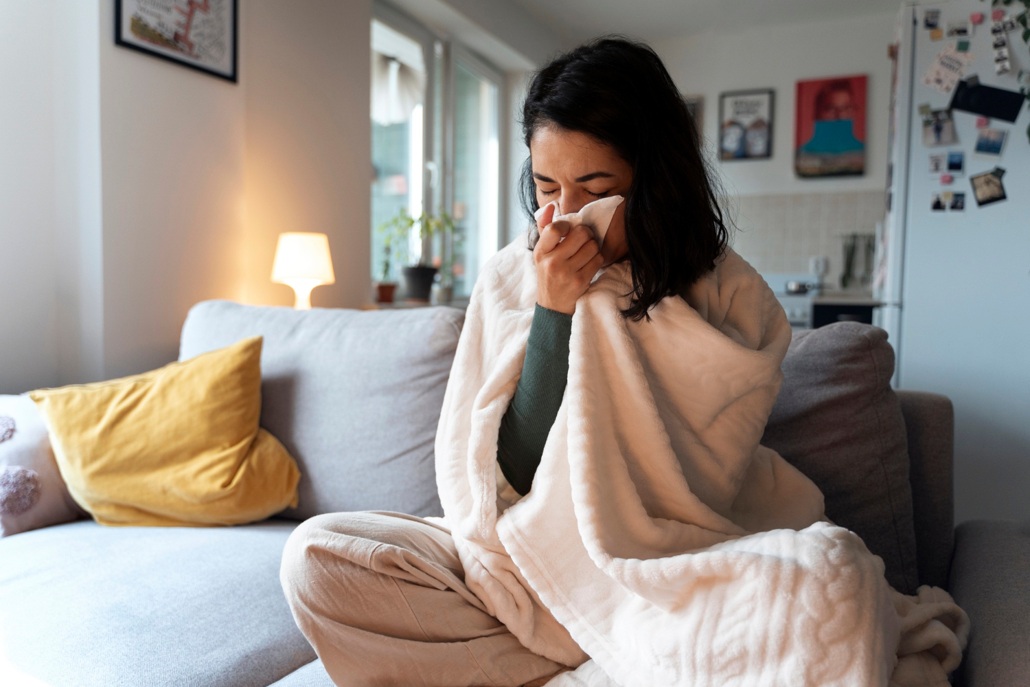 2151098542 Woman sitting on a couch with a blanket, blowing her nose with a tissue in a cozy living room.